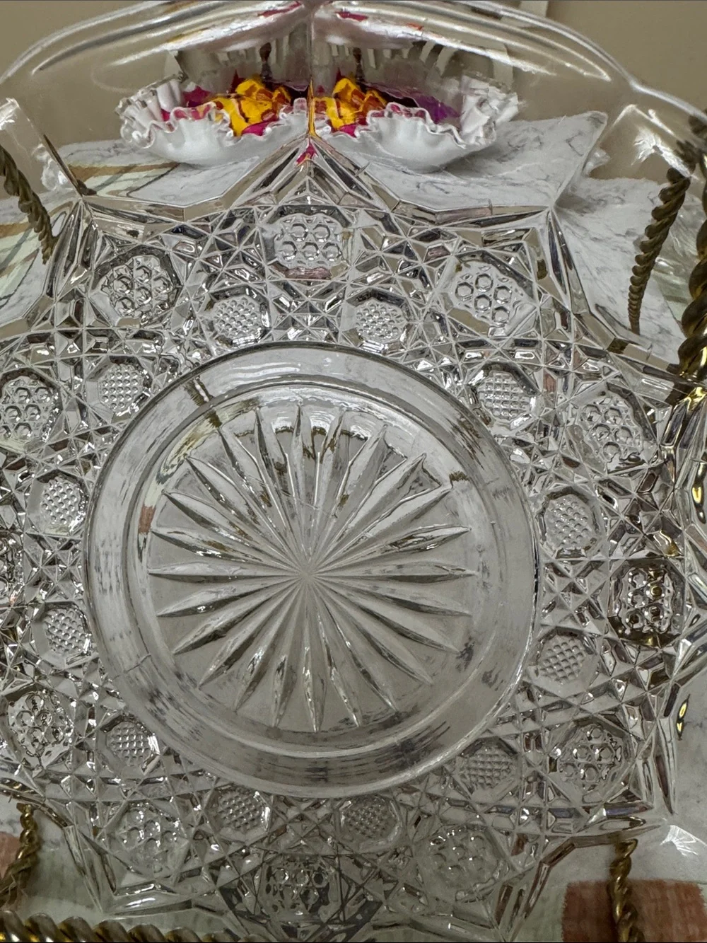 Cut Glass Serving Bowl with Twisted Brass Stand